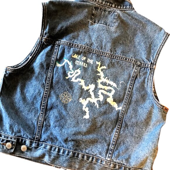 Upcycled Denim Vest, Size Medium: Painted Lake of the Ozarks Sleeveless Jacket - Picture 7 of 11